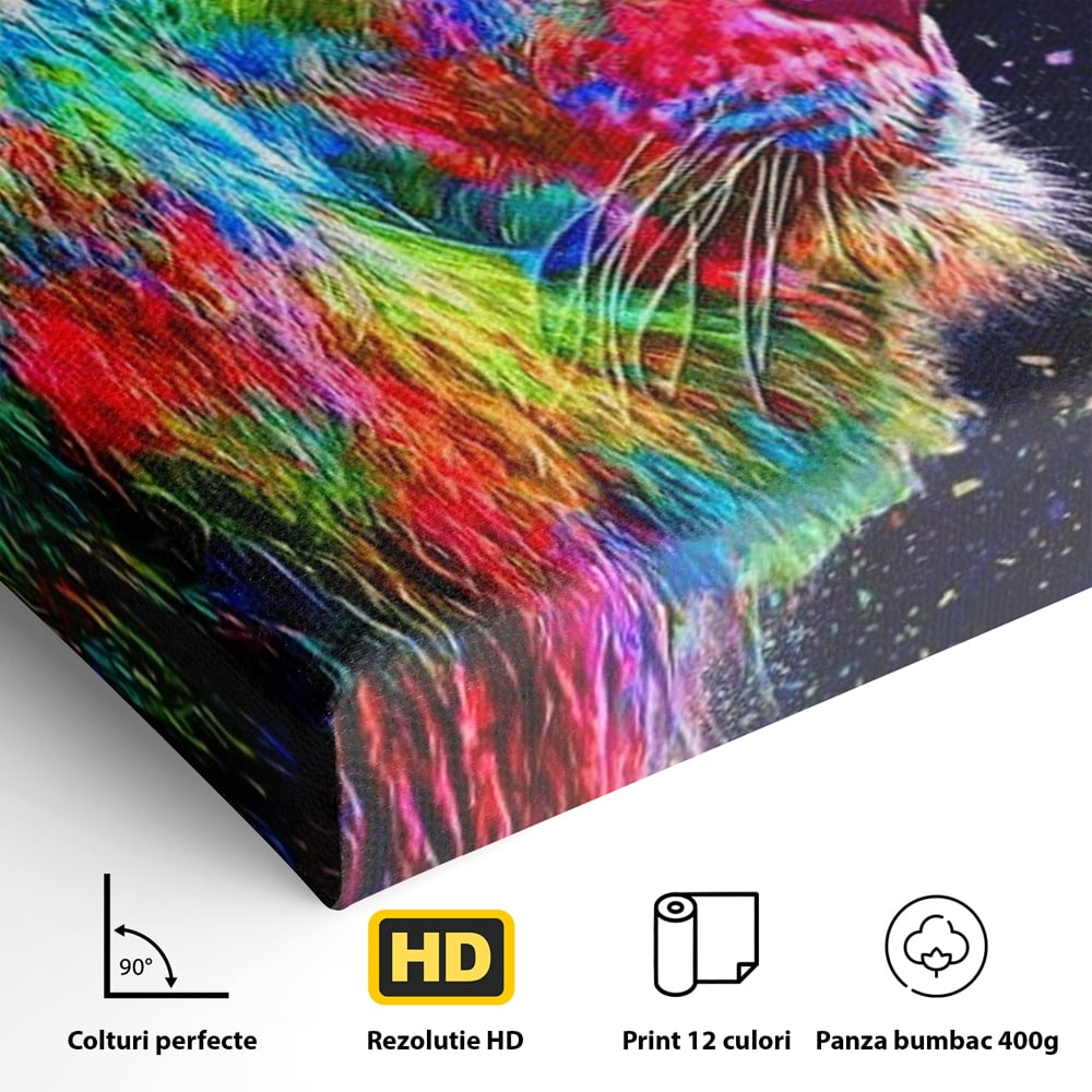 Detaliu al suprafetei: tablou canvas cu profil de leu multicolor, fara rama, pe sasiu de lemn